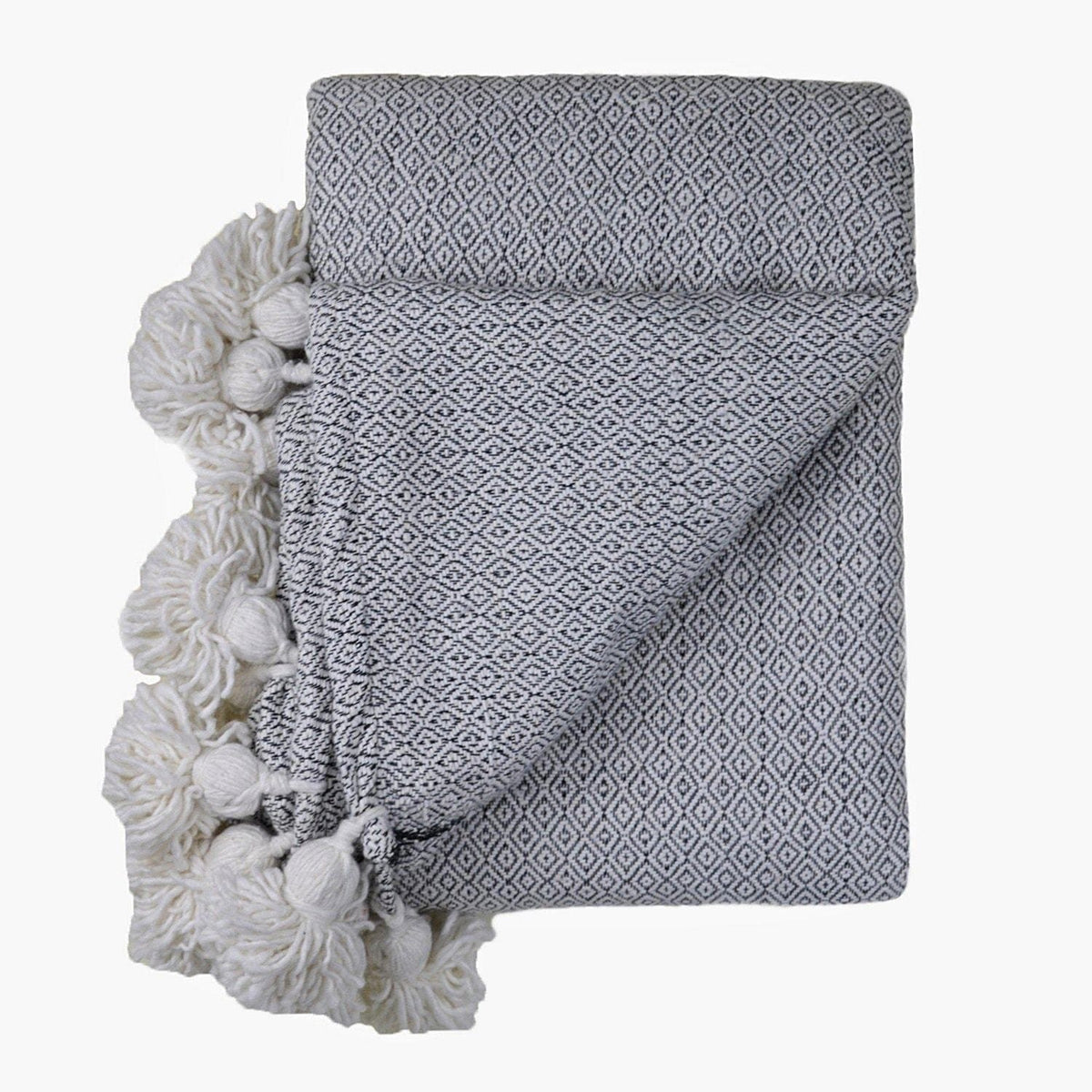 Couverture Pompon Blanc et Gris - 280 x 180 cm