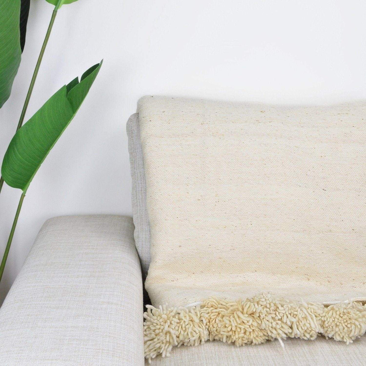 Couverture Pompon en Laine Naturelle - 270x190 cm