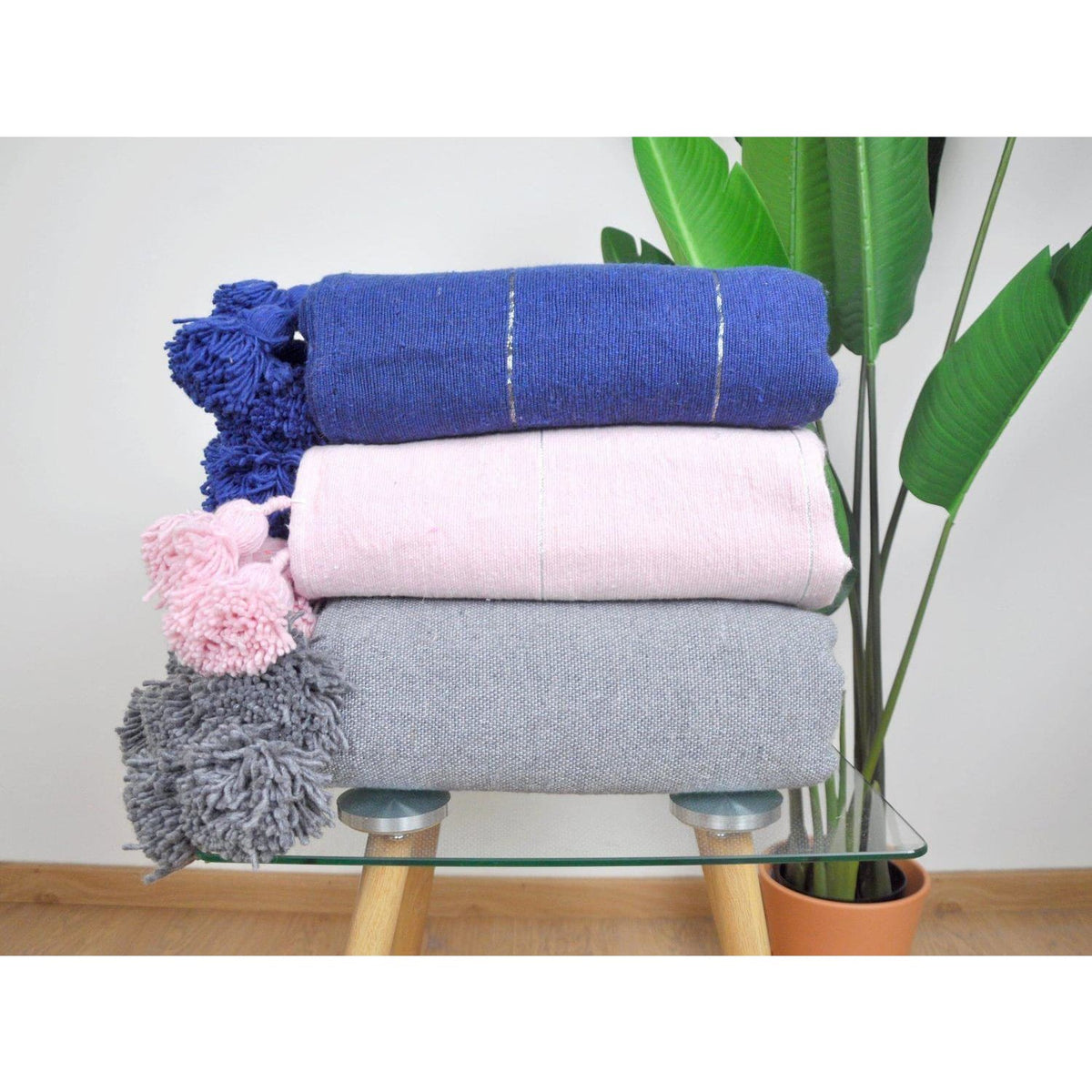 Couverture Pompon Rose et Argent - 285x200 cm